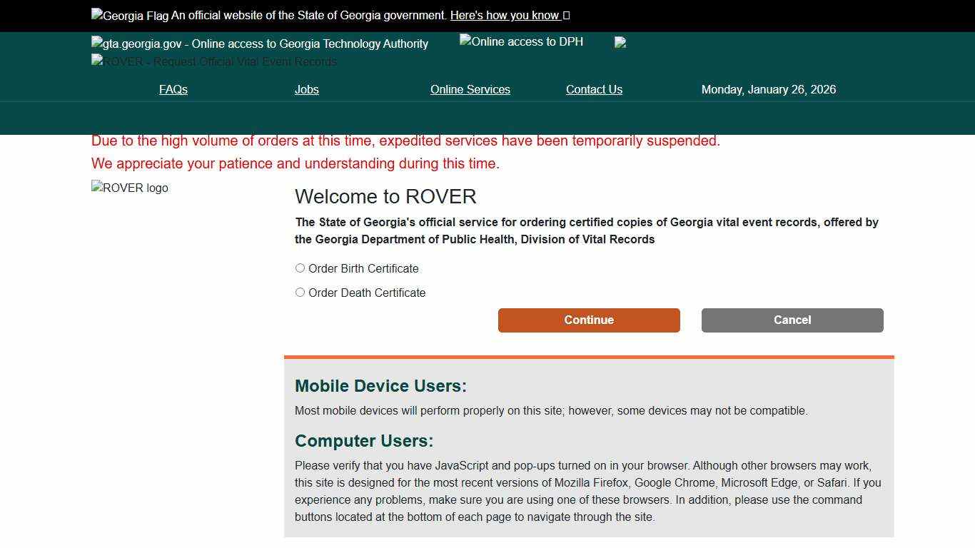 ROVER - Order Birth or Death Certificates